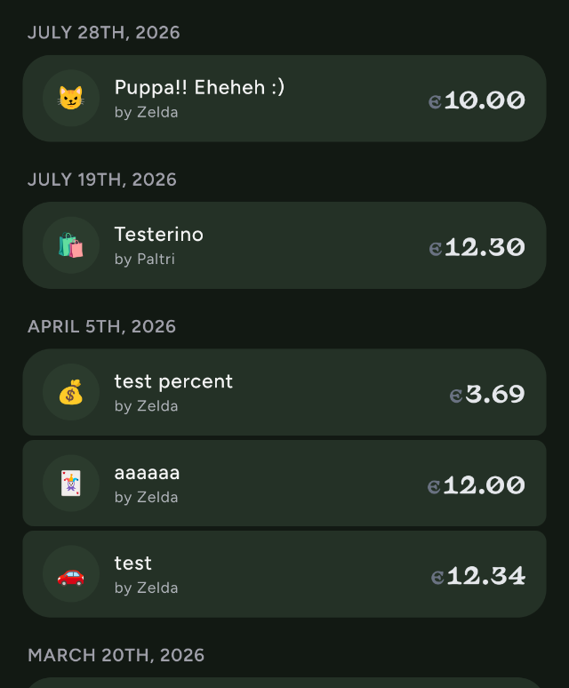 Echoes expense list showing shared purchases split with roommates
