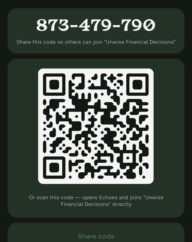 Echoes invite screen with a join code and QR code
