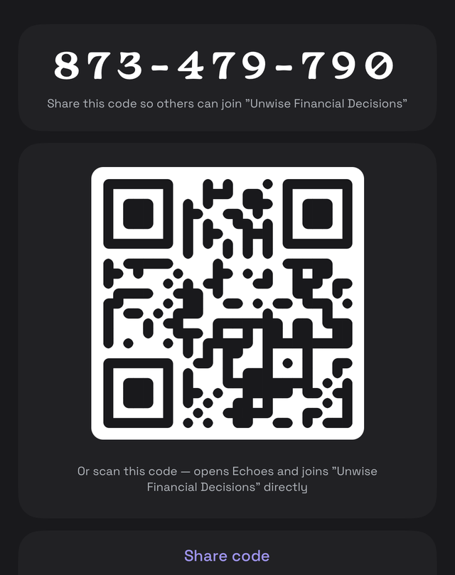 Echoes invite screen with a join code and QR code